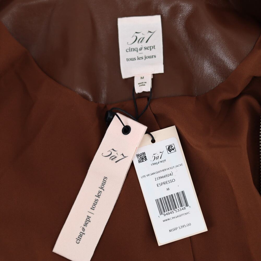 Cinq à Sept Women Espresso Vegan Leather Luxury Short Puff Sleeve Jacket Size M - Picture 9 of 10